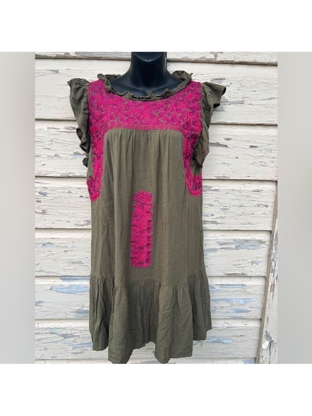 J.Marie Kelsea Mexican Oaxacan BoHo Festival Silk Embroidered Mini Dress L